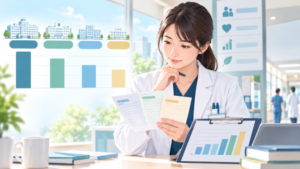 複数の病院の給与資料とグラフを比較する病院薬剤師