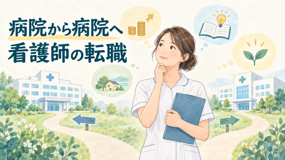 2つの病院を比べながら転職を考える看護師のイラスト
