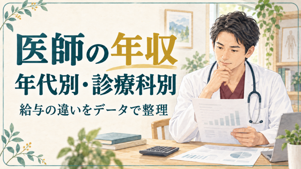 給与資料を読み、年代別・診療科別の年収を考える医師。