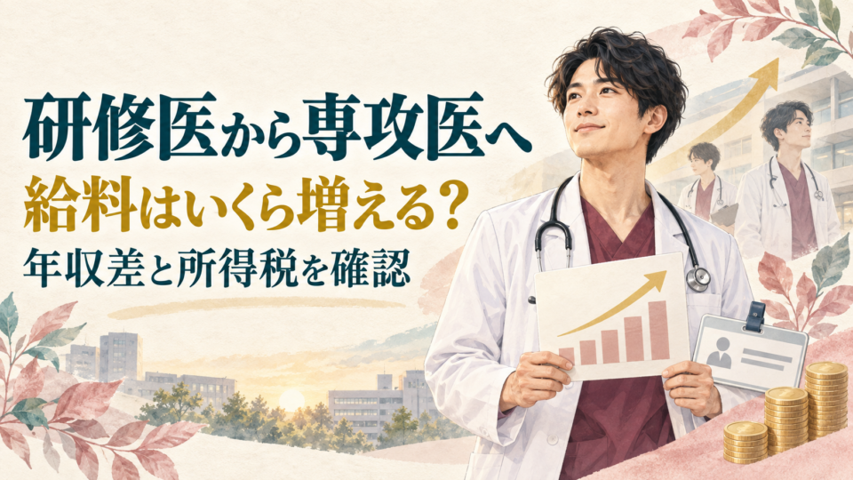 研修医から専攻医になると給料はいくら増える？年収差と所得税の負担率。白衣とエンジ色のスクラブを着た医師のイラスト。