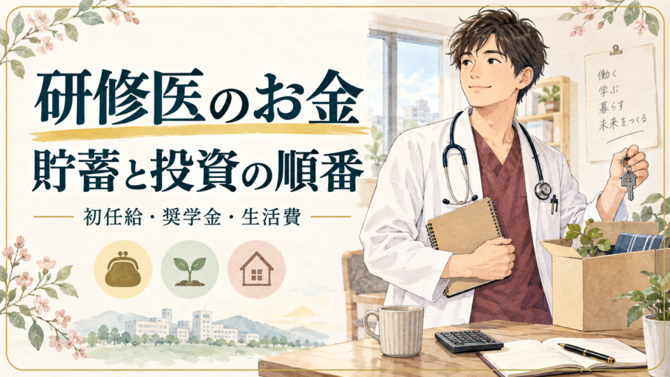 研修医のお金の整え方｜初任給・奨学金返済・貯蓄・投資の順番。白衣とエンジ色のスクラブを着た医師のイラスト。