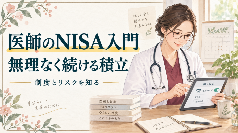 医師のNISA入門｜忙しくても続けやすい資産形成の始め方。白衣とエンジ色のスクラブを着た医師のイラスト。